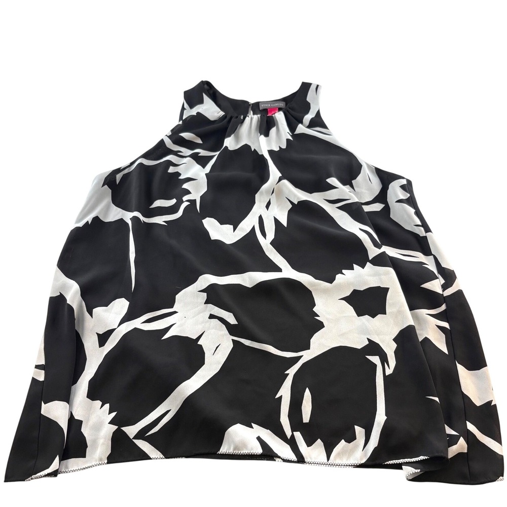Vince Camuto Black White Floral‎ Halter Blouse High Neck Pleated Top Small 5308